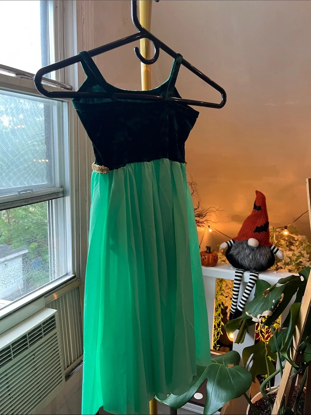 Girls Green Velvet & Chiffon Party Dress with Gold Trim